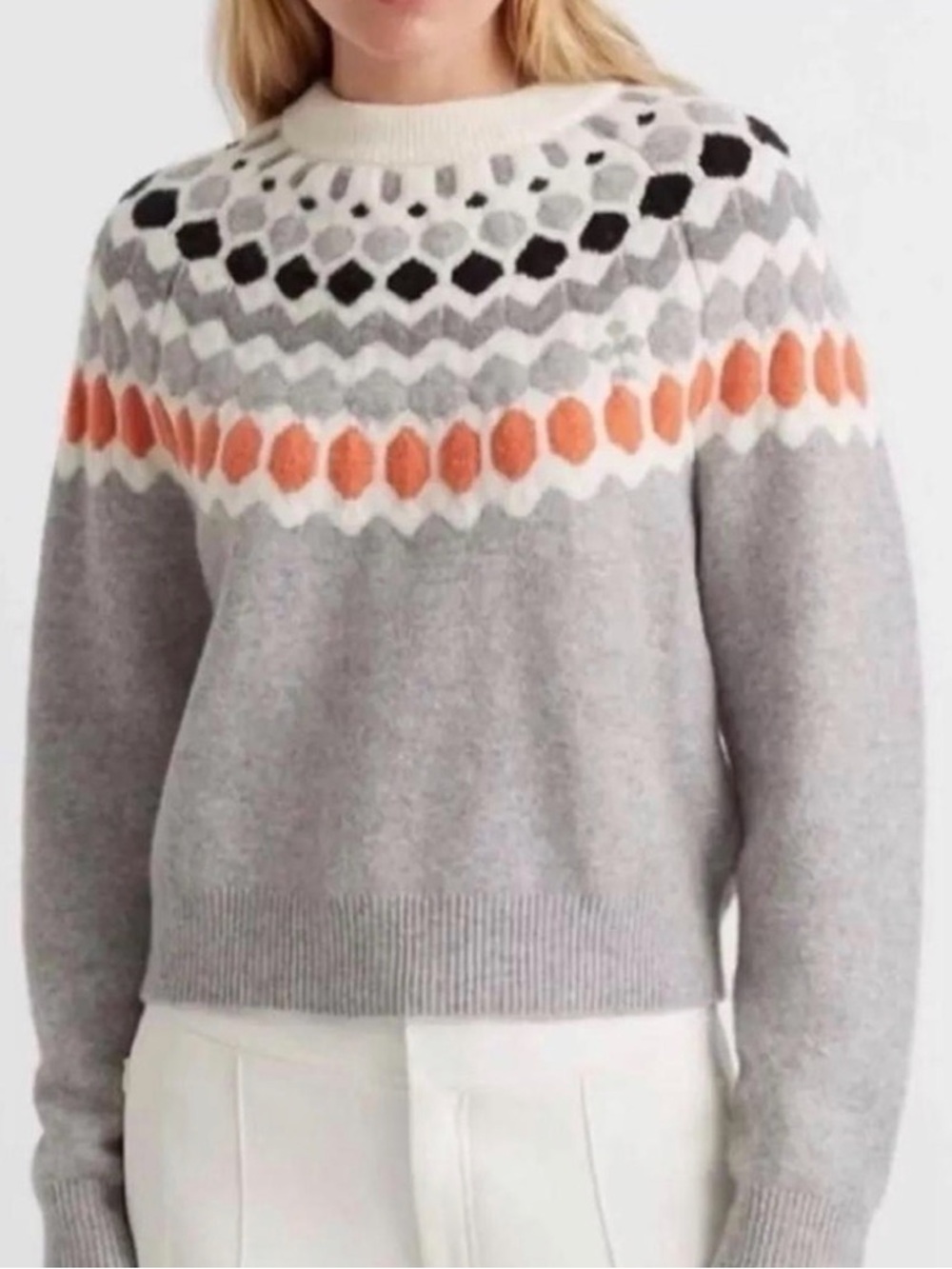 Club Monaco Gray Fair Isle Crewneck Sweater with Orange and Black Accents
